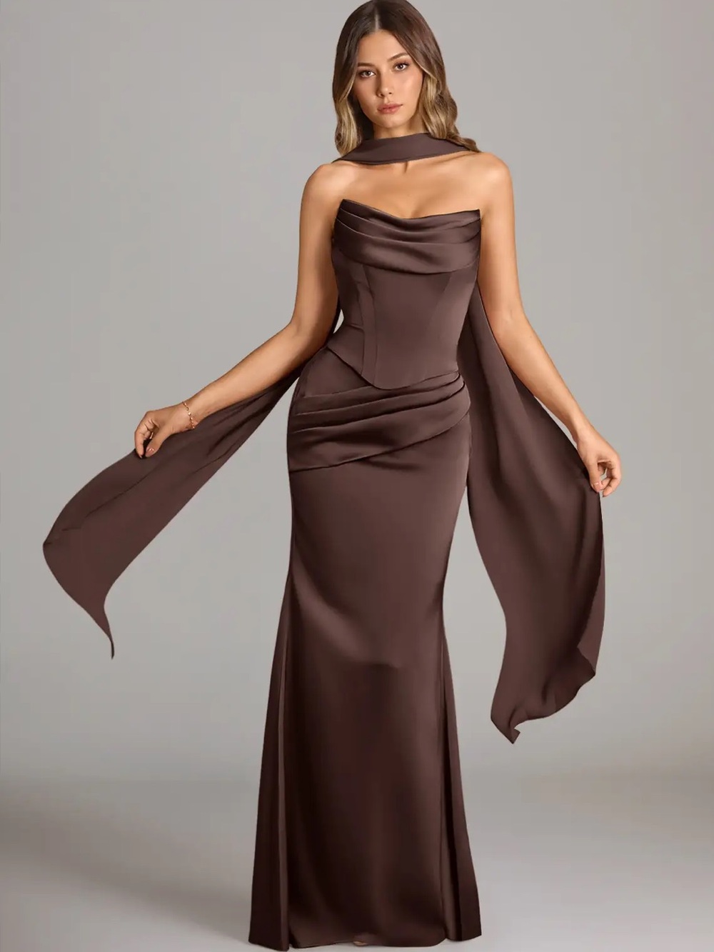Azazie Brown Satin Strapless Maxi Gown with Drape Scarf